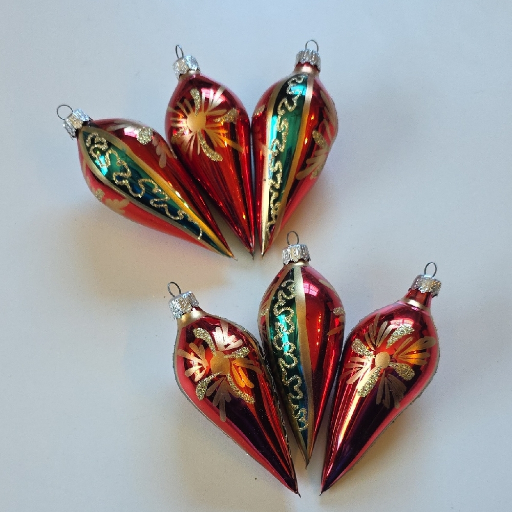 Vintage Holiday Ornaments Set Of 6 - Glass With Glitter Accents